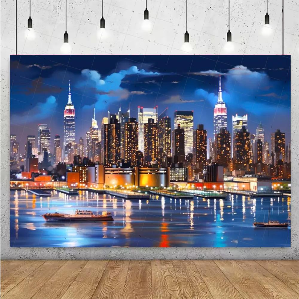 Night View High-Rise Building Background Banner New York City Photography Backdrop Supplies Party Decoration Photo Shoot Props592
