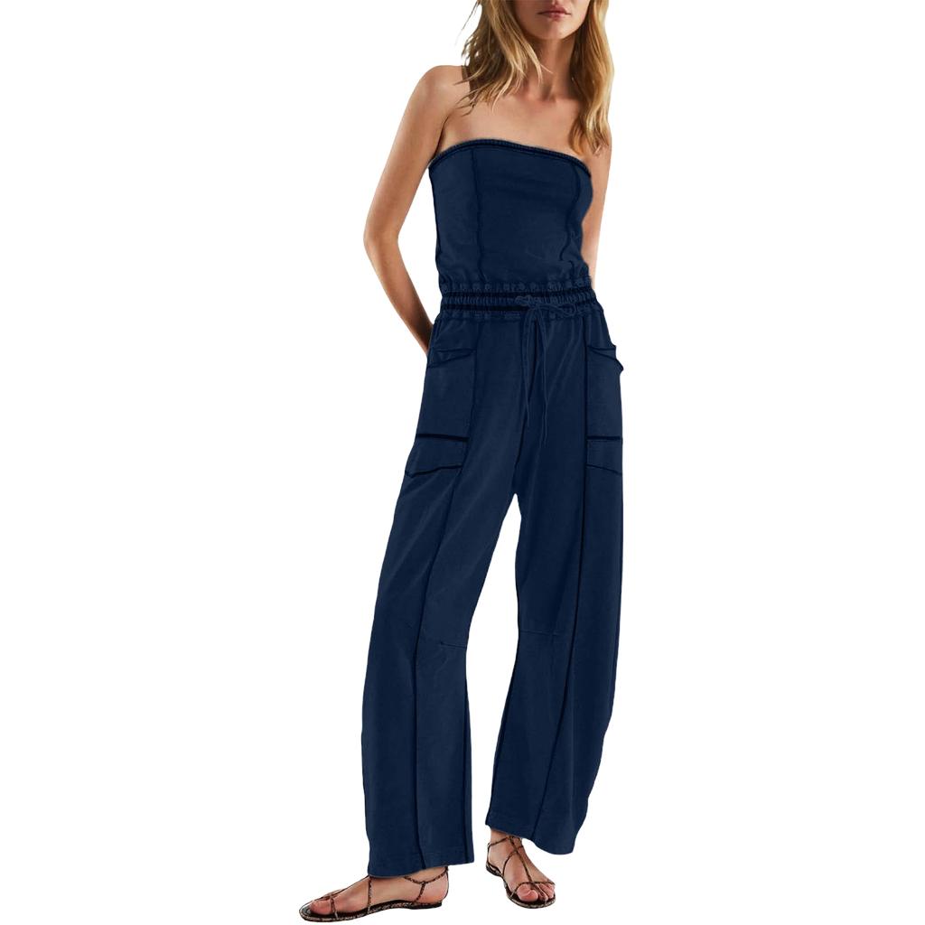 Women's Strapless Off-Shoulder Jumpsuit One-Piece Romper with Pockets