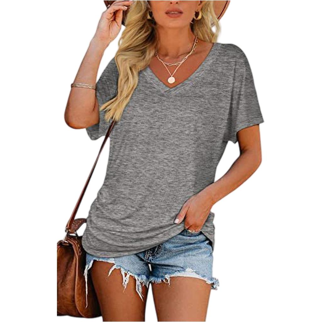 Damen Kurzarm V-Ausschnitt Oberteile mit seitlicher Raffung Bluse T-Shirt