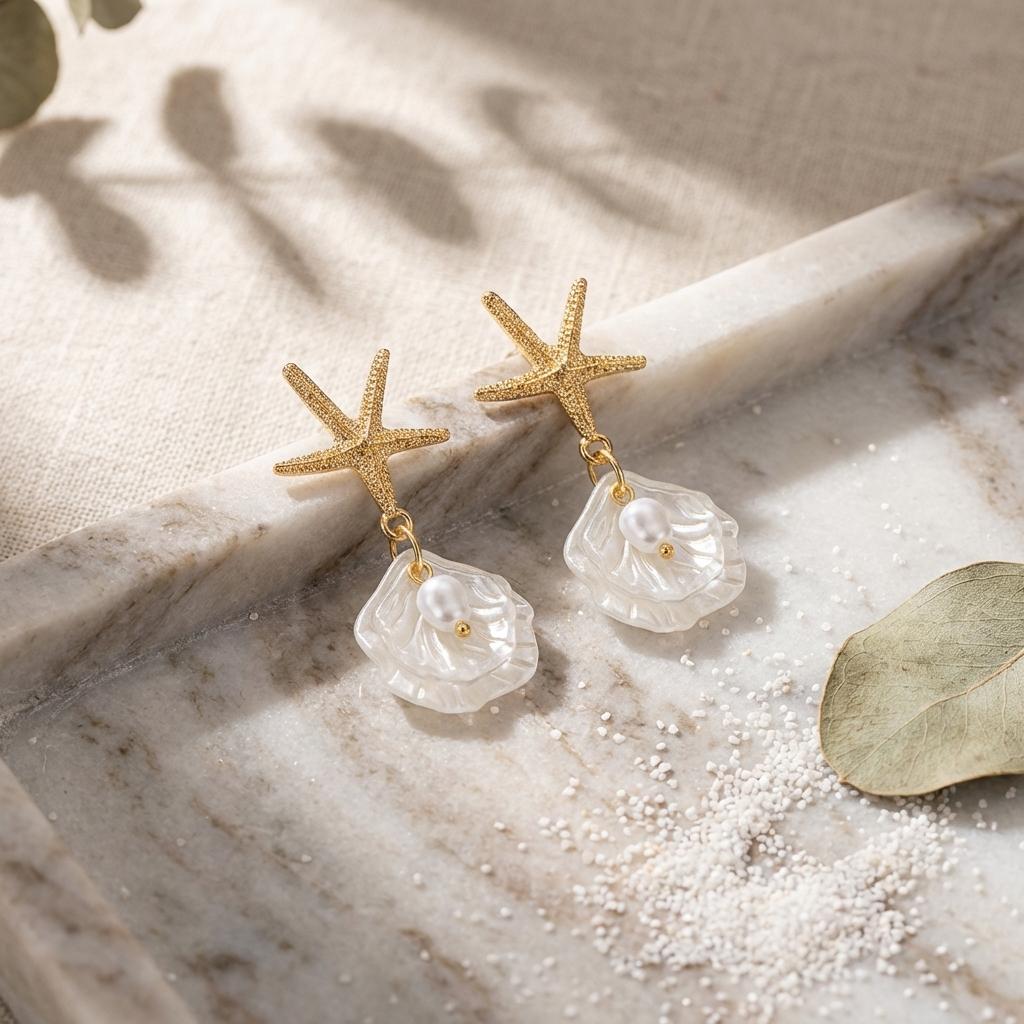 Starfish Imitation Pearl Shell Pendant Earrings Summer Beach Vacation Style Women Fashion Accessory Holiday Gift