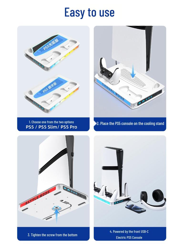 PS5 Slim/Pro Console Cooling & Charging Stand with RGB Lighting and Headphone Holder