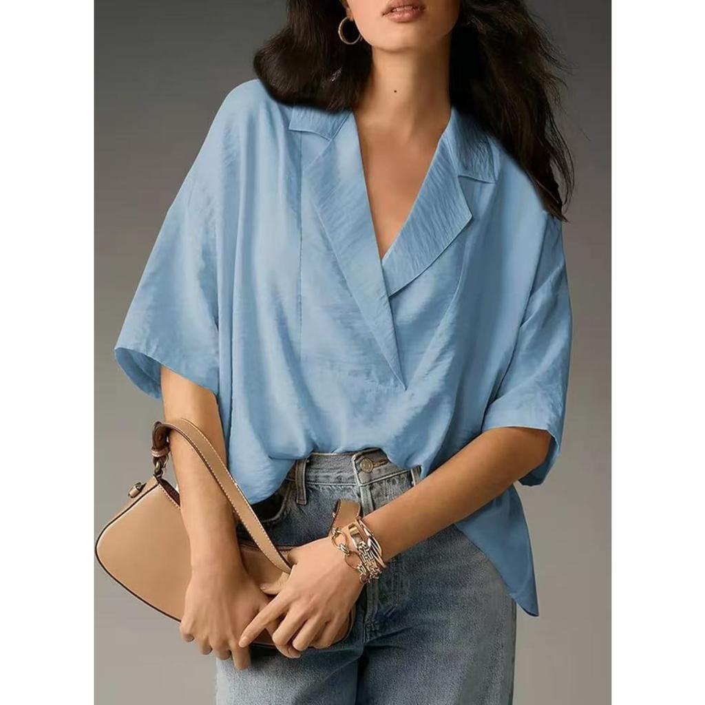 Women's, Summer New Style, Short Sleeved, Lapel, Casual, Loose Fit, Top, Solid Color Shirt