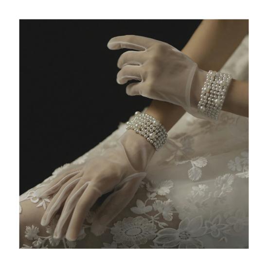 Satin Bride Gloves Short Tulle Wedding Gloves Sheer Wrist Gloves with Bow Faux Pearls for Prom Evening Opera Tea Party
