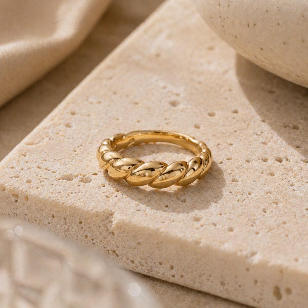 Elegant Golden Twisted Croissant Ring Unisex Design for Men and Women 18K Gold Plated Polished Geometric Round Chunky Jewelry