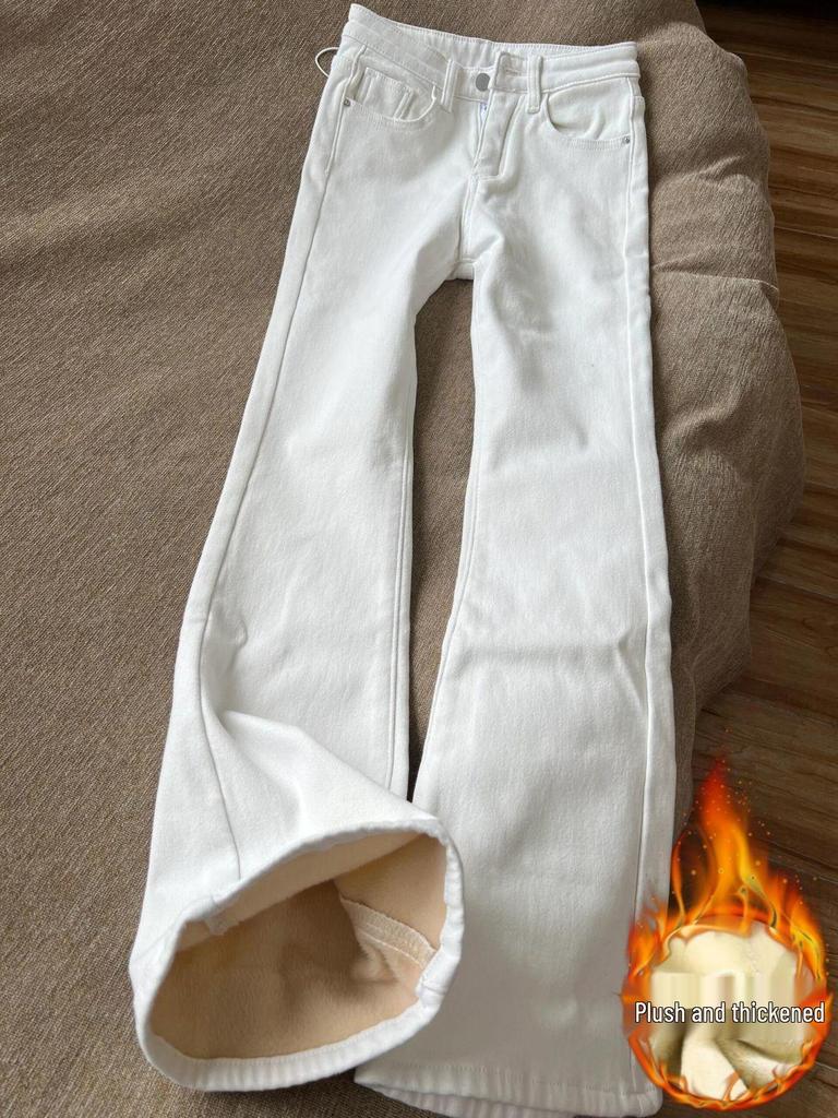 Women's White Velvet High-Waist Flare Jeans - Slimming Bell Bottoms for Autumn/Winter