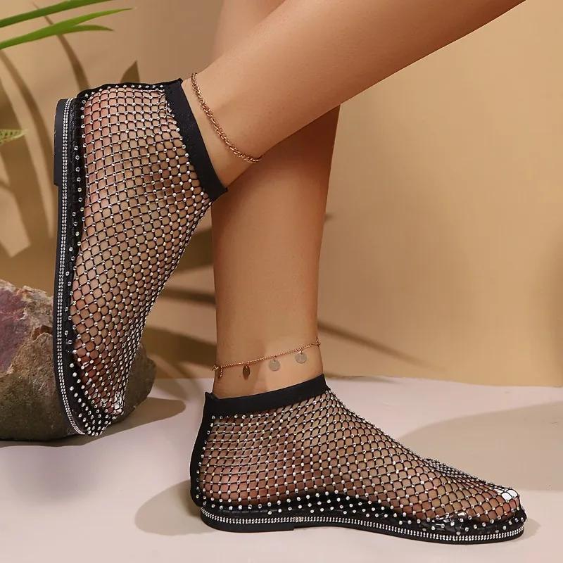 Women's Large Size Sandals Rhinestones One Kick Mesh Upper Flat Sole Shoes Women Leisure Breathable Roman New Sandalias De Mujer
