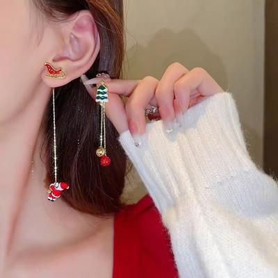 Climbing Santa Claus Tassel Stud Earrings for Women Sweet Star Christmas Tree Asymmetric Earring New Year Jewelry Gift
