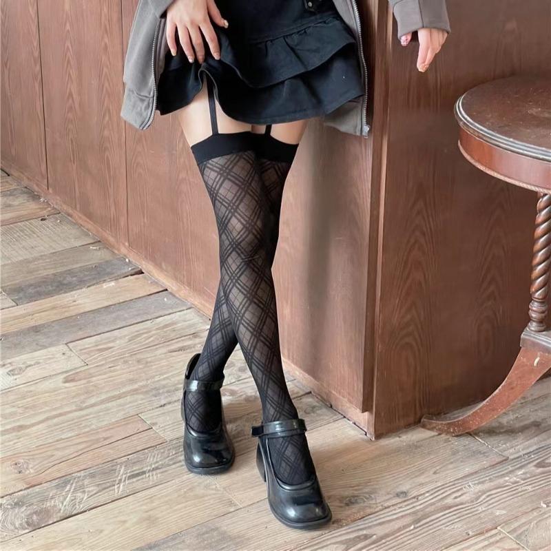 

Lolita JK Sweet Rhombus Striped Suspender Stockings Women s Sexy Thigh High Long Socks Exquisite Soft Knee High Socks Leggings One Size чорний