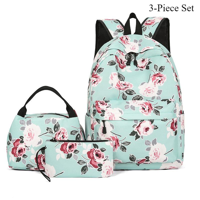 New Nylon 3-Piece Backpack Set - Thermal Lunch Bag Stylish Floral Daypack Compact Crossbody Bag Large Capacity Casual School Bag