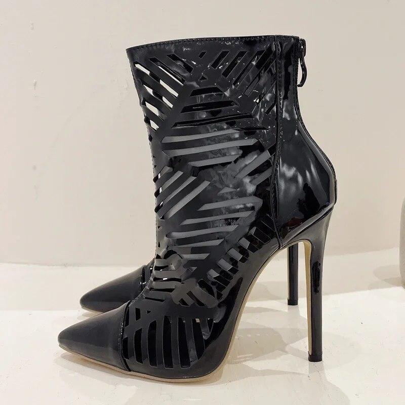 Eilyken Nové sexy Hollow Out vysoké podpätky členkové čižmy Sandále Ženy so špicatou špičkou Dámske topánky Jarná párty Ples Botas De Mujer