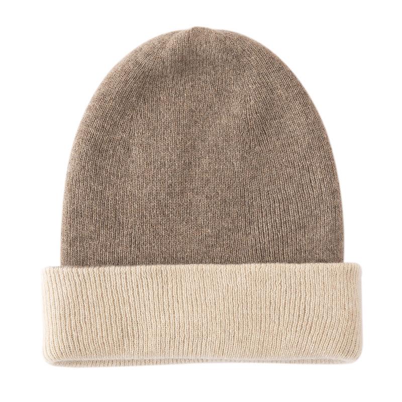Women's 100% Pure Cashmere Color Block Ribbed Hat - Double Layer & Ear Protection