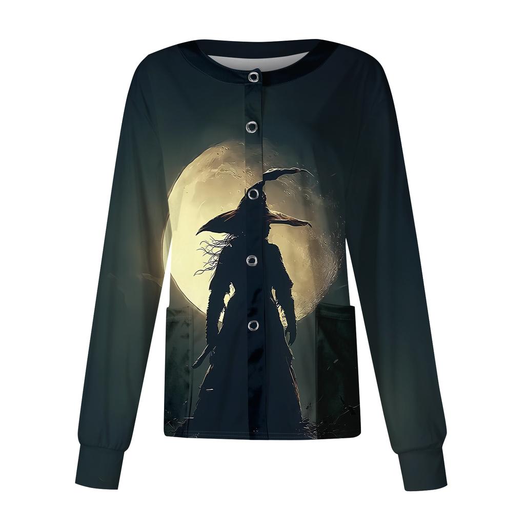 Women's Casual Long Sleeve Single Breasted Cardigan Halloween Print Medical Scrub Jacket Lightweight Button Up Top for Healthcare