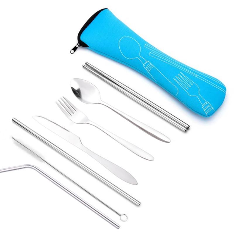 Stainless Steel Outdoor Cutlery Set: Knife, Fork, Spoon, Chopsticks, Straw with Peony Cloth Bag - 7 Pieces