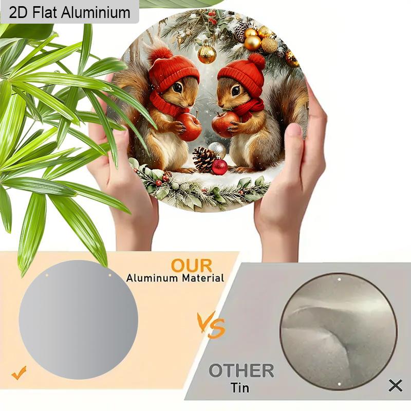 2D Flat Warm Winter Aluminium Christmas Sign with Adorable Squirrel Pattern - Navidad Figurine Ornaments - Ideal for Front Door, Wall, Porch, Fence
