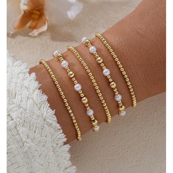 Gold Beaded Bracelets for Women, 14K Real Gold Plated Jewelry for Women Dainty Pearl Bead Bracelets Stack, Non Tarnish Trendy Stackable Ball Cross