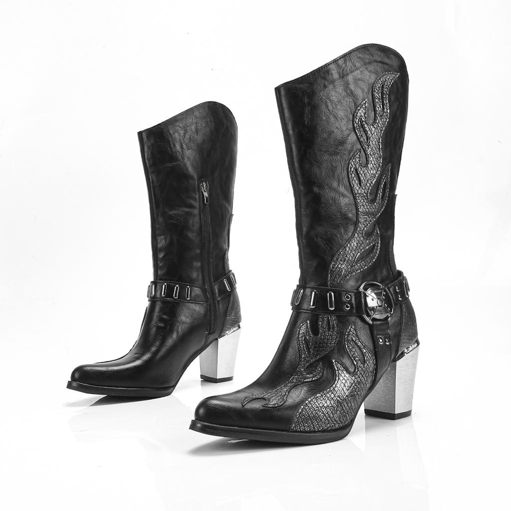 Fashion Women Fashion Trendy Retro Leather Boots Thick Heel Western Denim Boots Punk Black Side Zipper Couple  Mid-tube Boot Botas Mujer