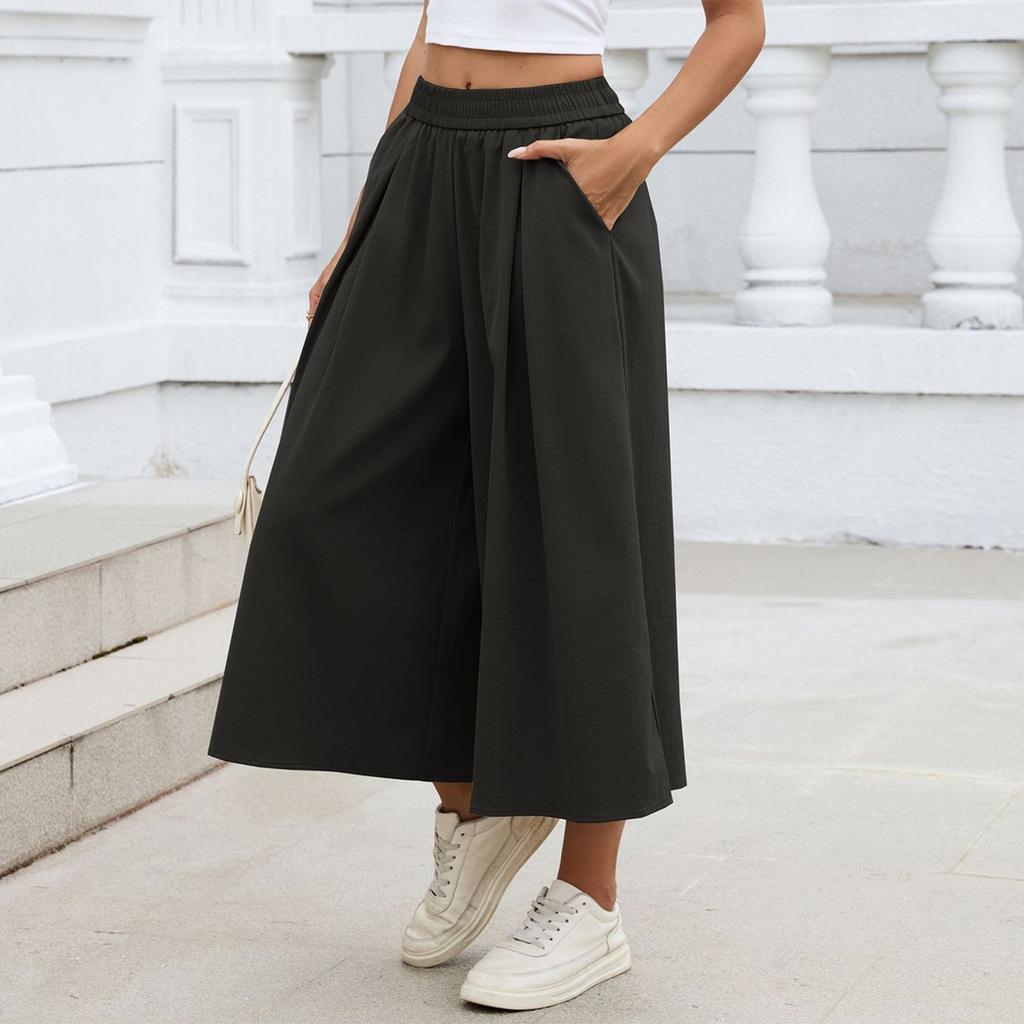 Women's Fashion Color Loose Wide Leg Pants Elastic Waist Pockets High,Waisted Skirt Pants