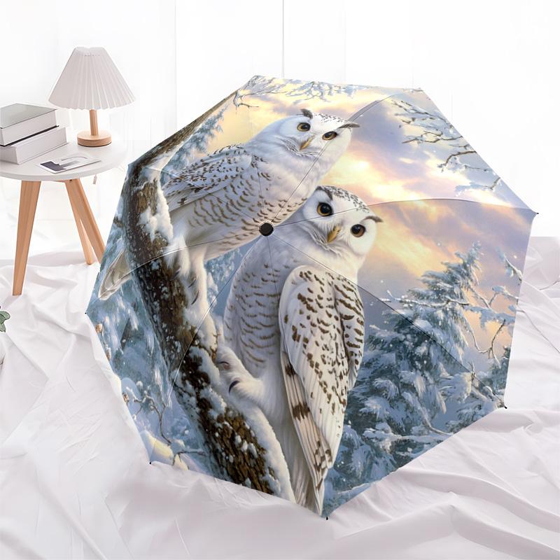 1 PC Automatic Folding Umbrella - Winter Snowy Owls Pattern, Portable & Foldable Design with 8 Ribs, Christmas Birthday Gifts