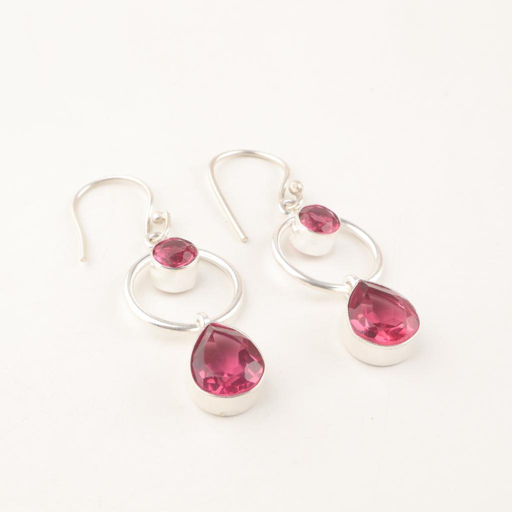 Natural Pink Tourmaline Gemstone 925 Sterling Silver Jewelry Dangle Earrings2.0" EE-140-12