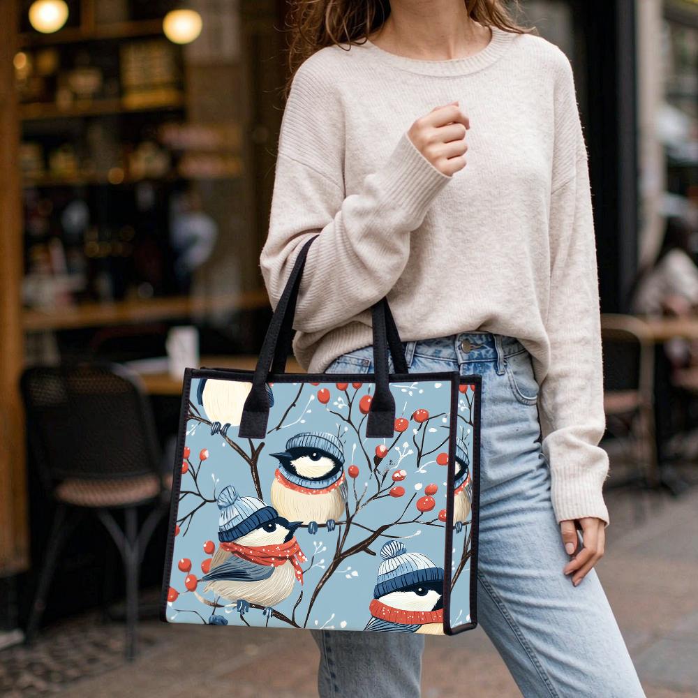 Winter Cute Bird Pattern Tote Bag Fashion Casual Shoulder Handbag Lightweight Daily Use Shopping Bag for Women