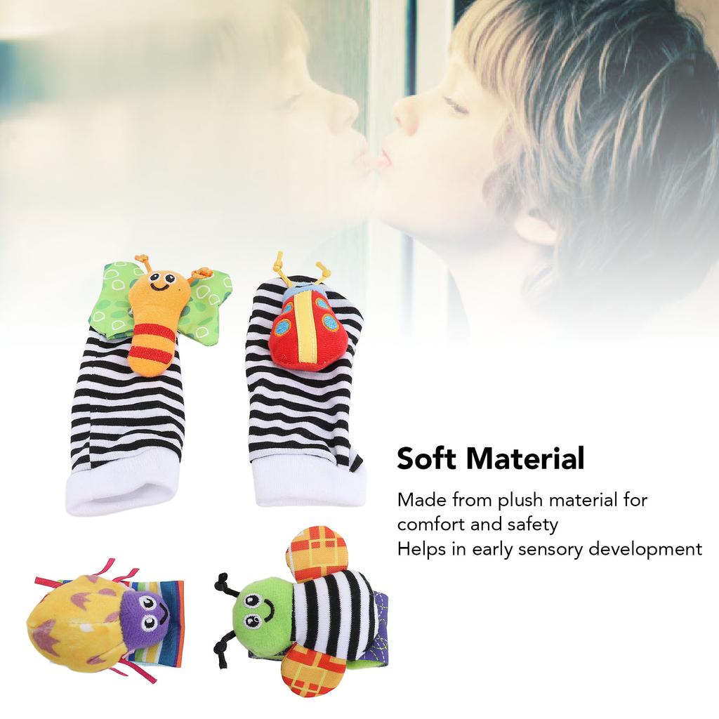 4pcs Wrist Rattle Foot Finder Socks Set for Baby Plush Stuffed Animals Hand Bracelet Rattle Feet Ankle Socks Soft Sensory Toys