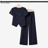 ZANZEA Women Short Sleeve Blouse and Pants Summer Two Piece Suit Sets
