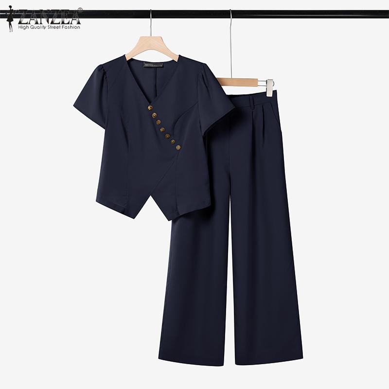 ZANZEA Women Short Sleeve Blouse and Pants Summer Two Piece Suit Sets