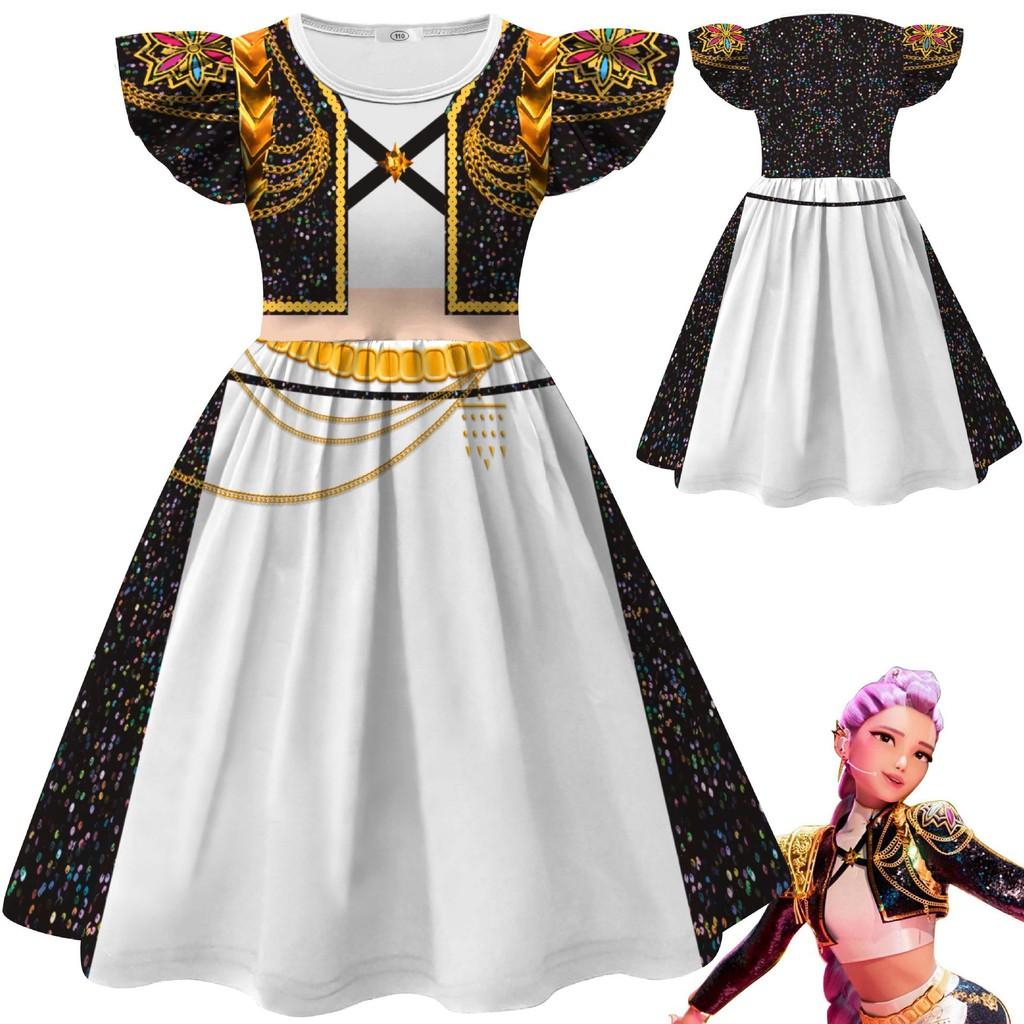 Kids Children Girls Anime Movie POP Singer Super Star Printed Pleat Ruffle Sleeves Party Dress Halloween Cosplay Costumes