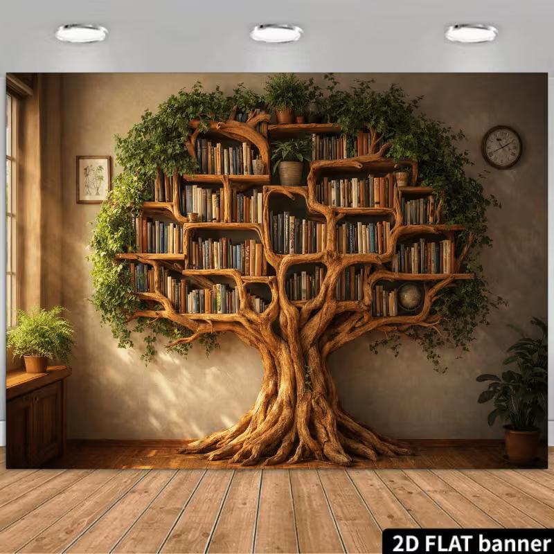 2D Enchanted Tree-Shaped Bookcase Photography Background