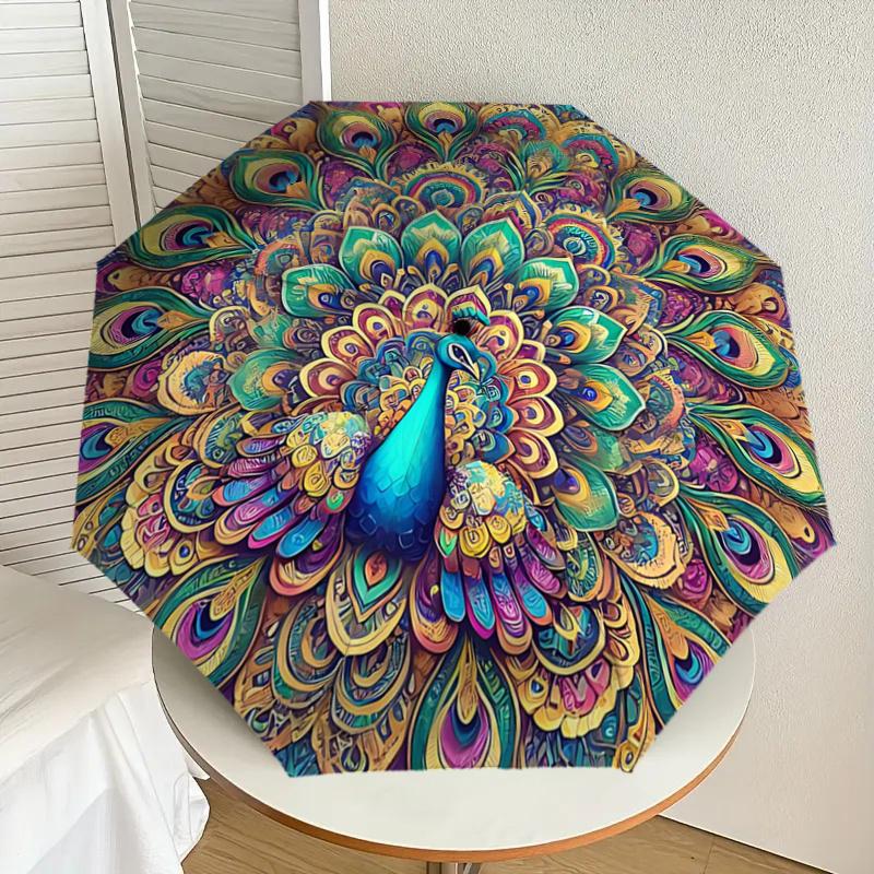 Colorful Peacock Feather Mandala Automatic Opening Folding Umbrella - Portable 3-Fold Design with Iron Frame, Perfect for Outdoor Use, Festi