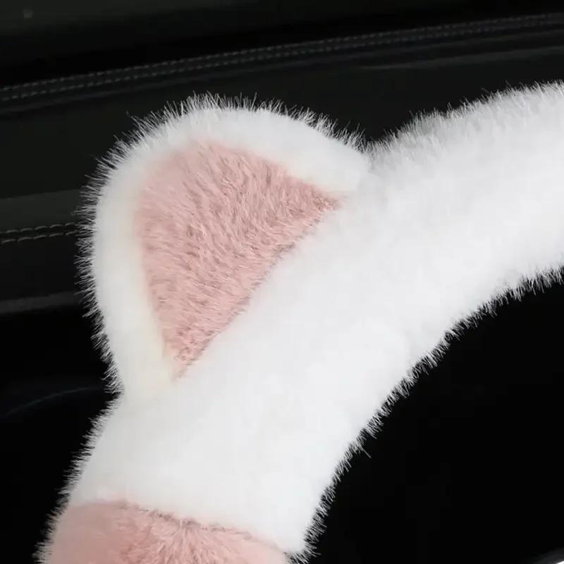 New Car Steering Non-slip Soft Cute Cat Ears Plush Steering Wheel Cover Universal 36-38cm
