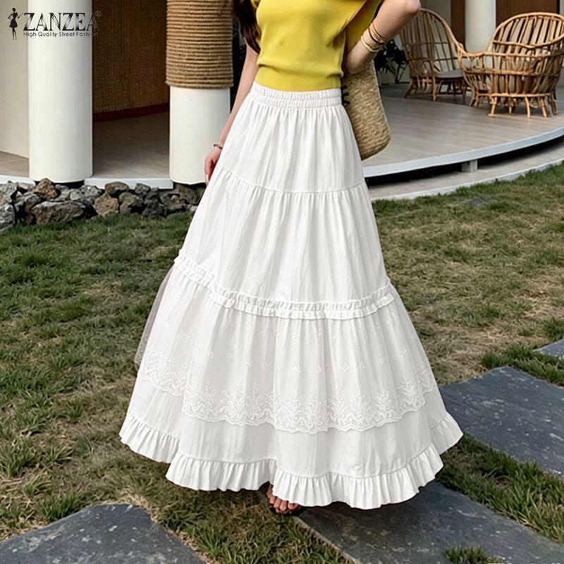 ZANZEA Women Elegant Lace Splice Casual Elastic Waist Loose Long Skirts