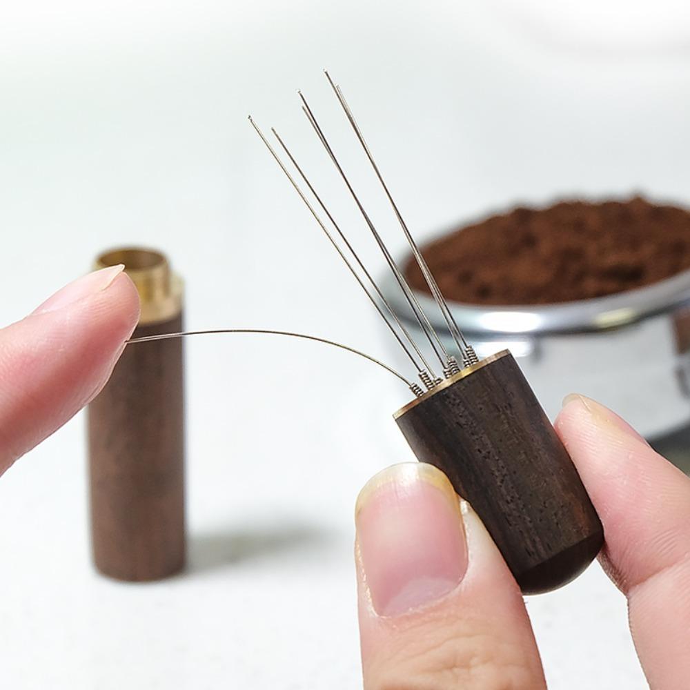 Stainless Steel Espresso Stirrer 6 Pin 0.4mm Espresso Dispensing Tool with Natural Solid Wood Handle and Stand, Rosewood/Ebony