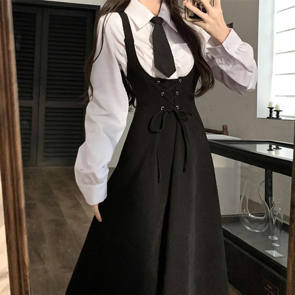 Langt Bukseselesett og Slips med Elegant Nedbrettskrage Hverdag Perfekt for Pendling og Gå Ut [LAVASEON] Masseprodusert Dameskjorte, Skjørt, 3-delt