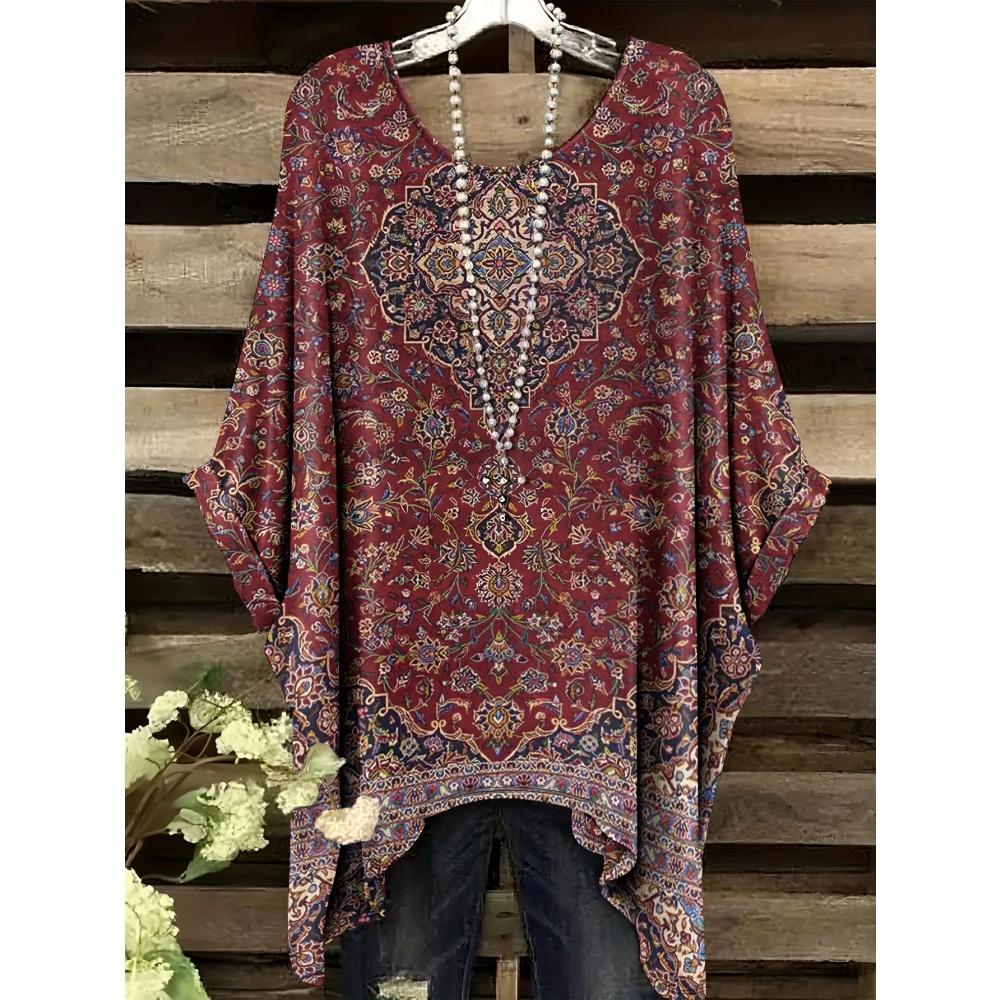 Sommer Damen T-Shirt Ethnischer Stil Gedruckter Frack Rundhalsausschnitt Lässig Bequem Y2k T-Shirt Vintage Damen Kurzarm-T-Shirt