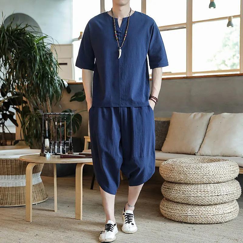 2PCS Retro Man Clothing Set Linen Summer Half Sleeve V-neck T-shirt Solid Oriental Kung Fu Tang Suit