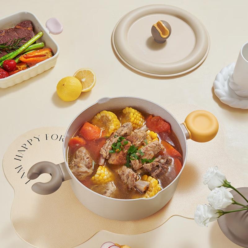 LANMI 22CM Non-stick Double Ear Instant Noodle Stew Pot Medical Stone Coated Soup Pot with Visible Glass Cover Kitchen Cookware