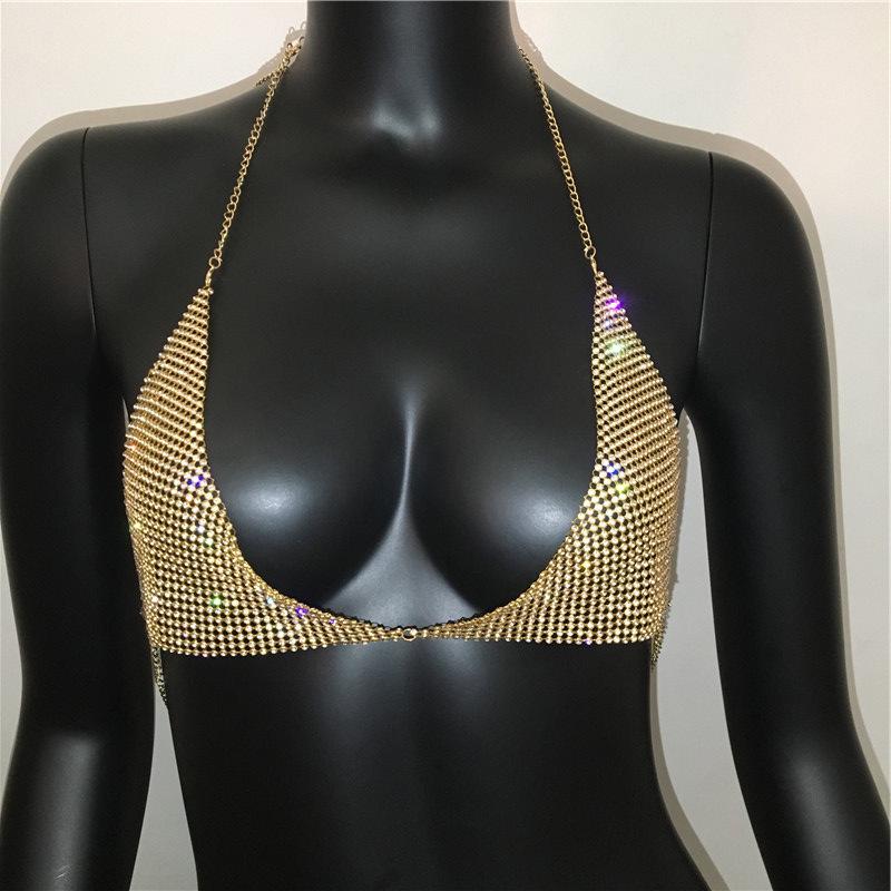 Chaîne de poitrine tendance entièrement pavée de strass et de diamants: Haut sexy à fines bretelles et dos nu pour femmes