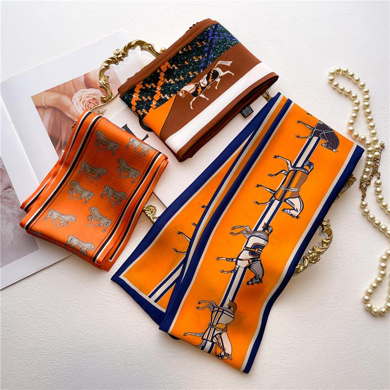 Women Luxury Design Print Silk Ribbon Female Foulard Floral Headband Neck Tie Bag Suit Scarf Hair Band Kerchief Neckerchief