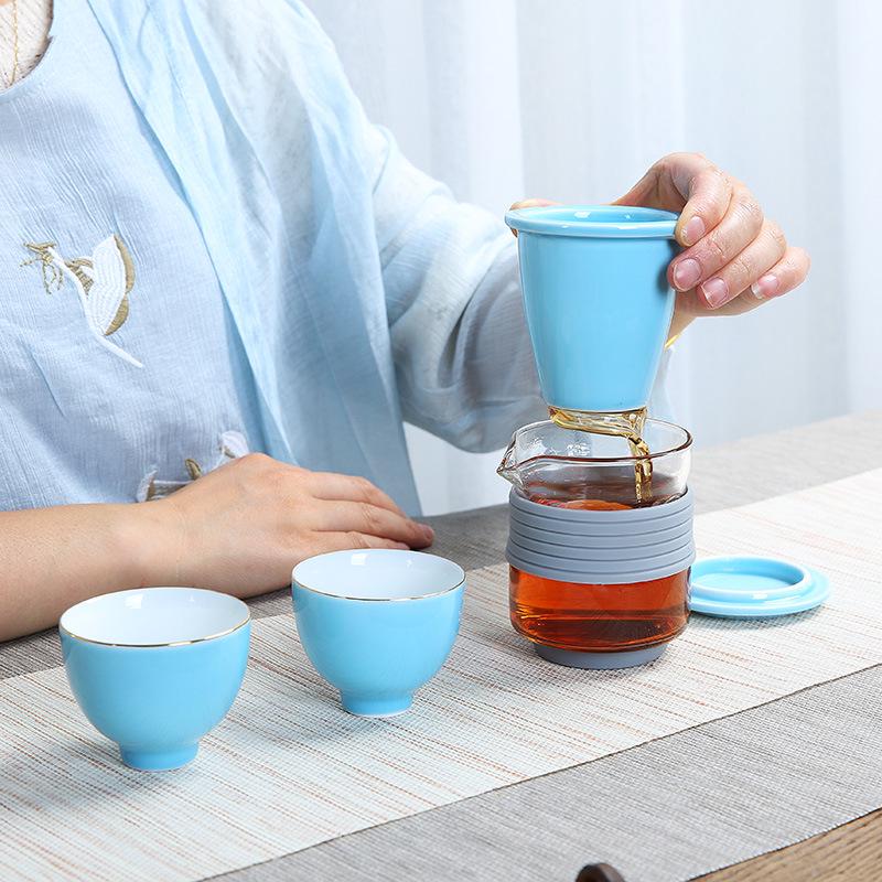 Portable Heat-Resistant Glass Teapot Set with Ceramic Quick Cup and Travel Bag – Ideal for Festivals or Business Gifts