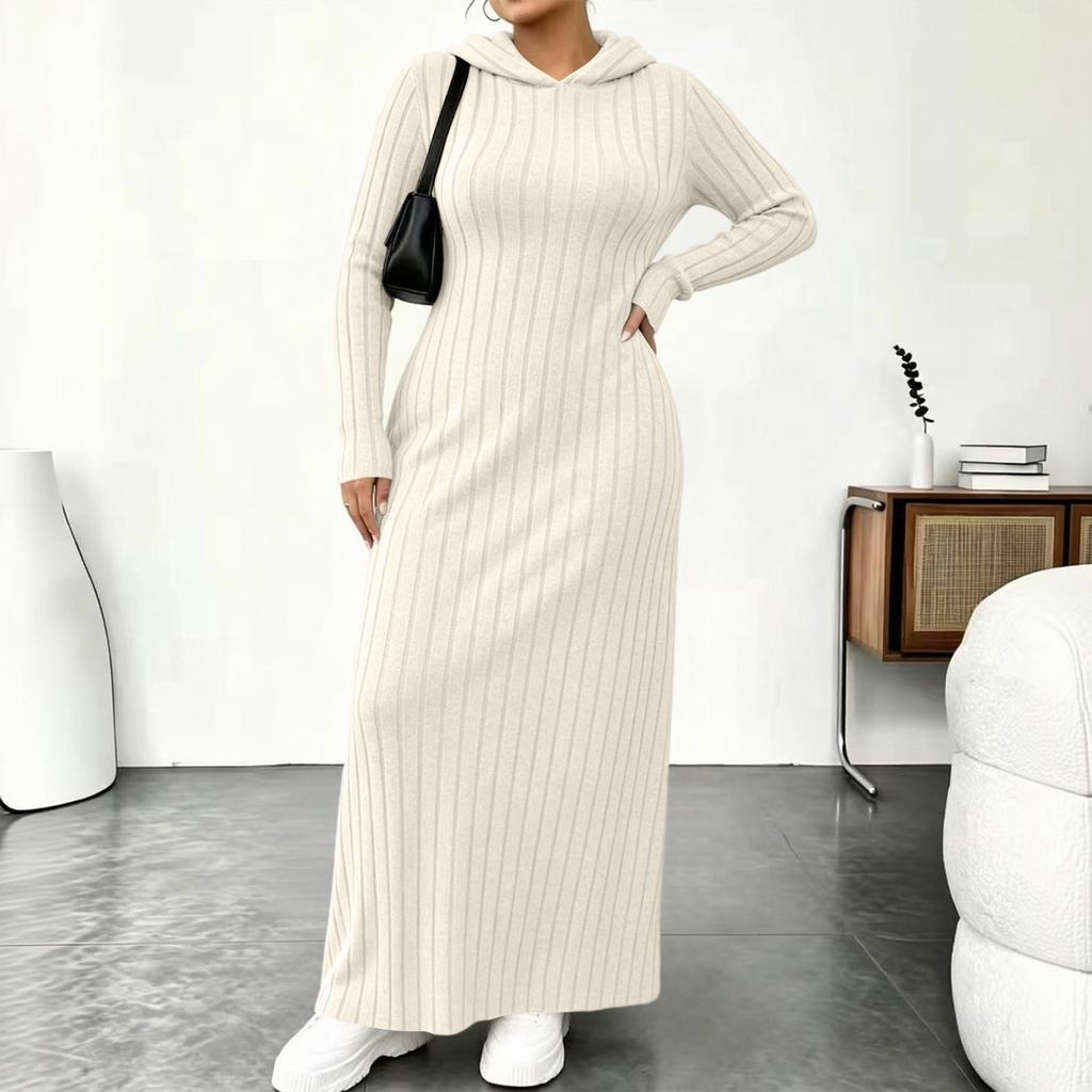 Women's Fashion Color Hooded Ribbed Dress with Slim Fit Cinched Waist and Pockets