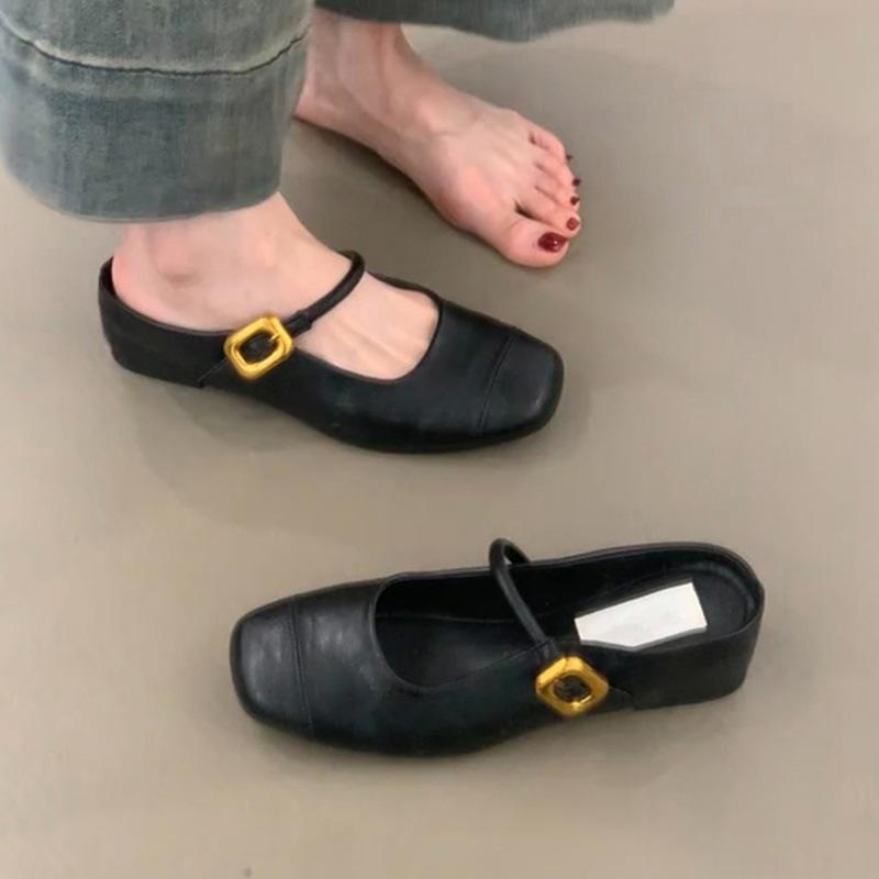 

Soft leather version~ square head retro inner height increase half slippers women s word with shallow mouth leather versatile commuter bag head sandal 35