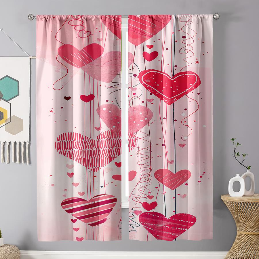 2PCS Pink Line Love Curtains   Gentle Valentine's Day   Bedroom and Living Room   Pull up Pocket Style