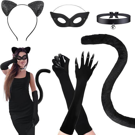 Damen Kostüm Zubehör Set - Ohren Stirnband, Schwanz, Handschuhe für Halloween Cosplay