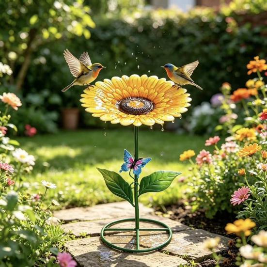 Xiaobudian Metal Sunflower Bee Feeder, Lotus Leaf Butterfly Cup, Outdoor Watering Station, Pollinators Bath Bowl for Garden Yard Lawn Decor