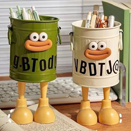 Cartoon Pen Holder Retro Bucket Shape Desk Organizer Large Capacity Storage Holder for Pens Pencils Makeup Brushes