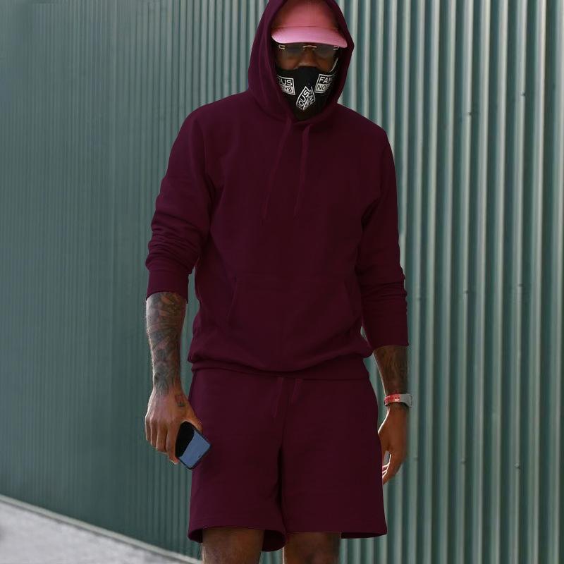 Men's Fleece Hoodie Shorts Two-piece Loose Solid Color Casual Sports Men's Suit