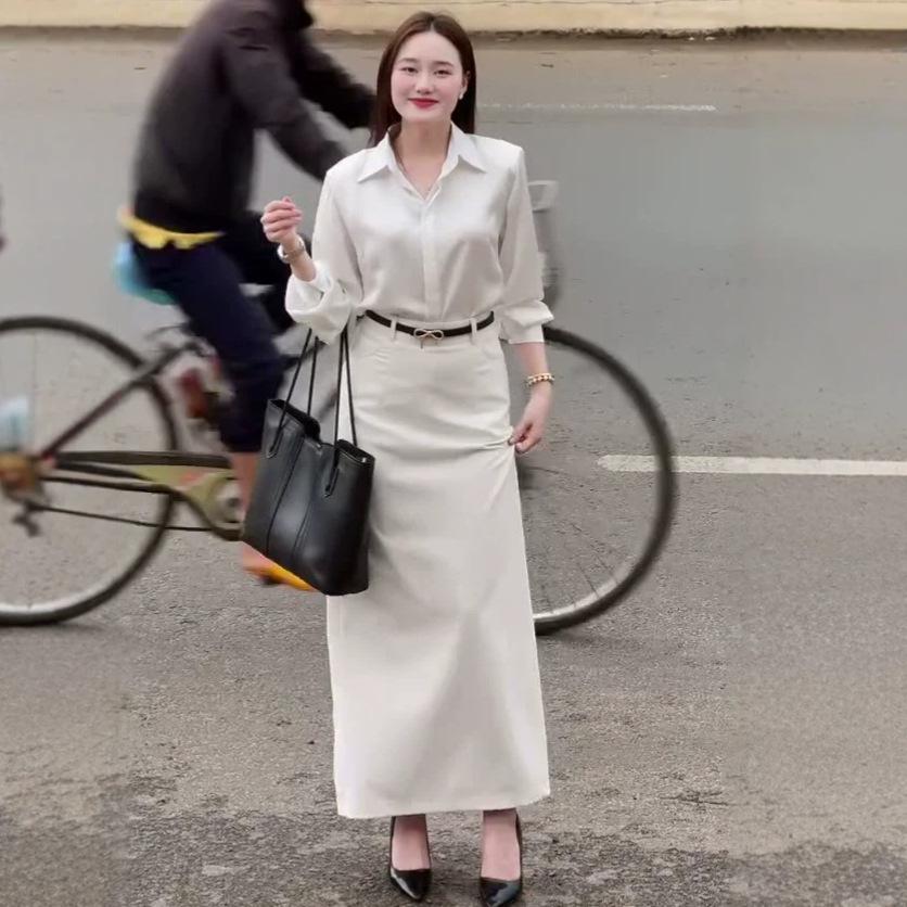 Spring and Autumn New European and American Women's Clothing Cross-border Shirt Long Sleeve Cardigan Top Belt Skirt Two-piece Set