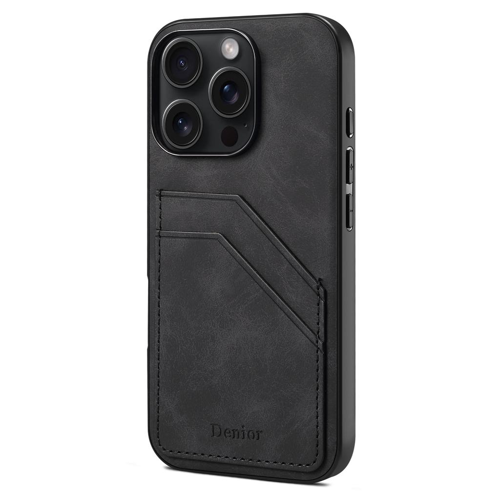 DENIOR For iPhone 16 Pro Case Dual Card Slots PU Leather+TPU+PC Phone Cover