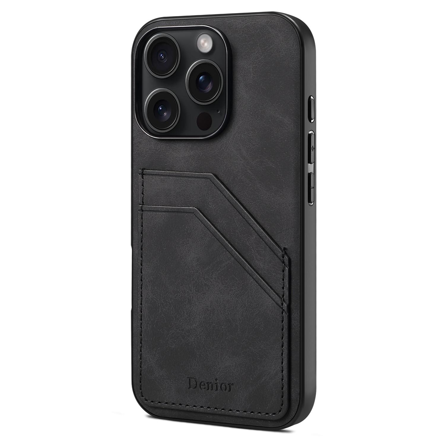 DENIOR For iPhone 16 Pro Case Dual Card Slots PU Leather+TPU+PC Phone Cover A